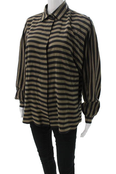 Albert Nipon Womens Black Silk Striped Collared Long Sleeve Blouse Size 12