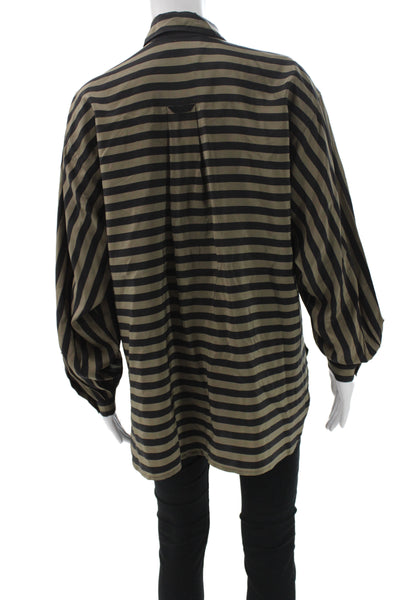 Albert Nipon Womens Black Silk Striped Collared Long Sleeve Blouse Size 12
