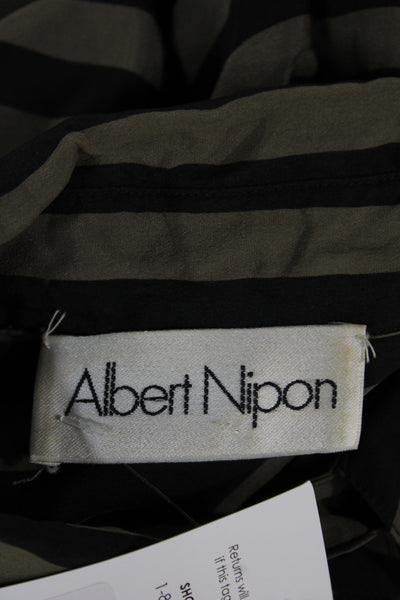 Albert Nipon Womens Black Silk Striped Collared Long Sleeve Blouse Size 12