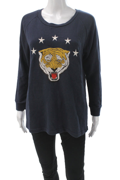 Sandro Women Pullover Tiger Crew Neck Blue Cotton Blend Size 2