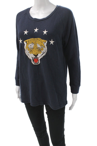 Sandro Women Pullover Tiger Crew Neck Blue Cotton Blend Size 2