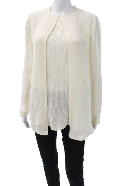 Etro Women Basic Silk Blouse Ivory Round Neck Long Sleeve Button Size 40