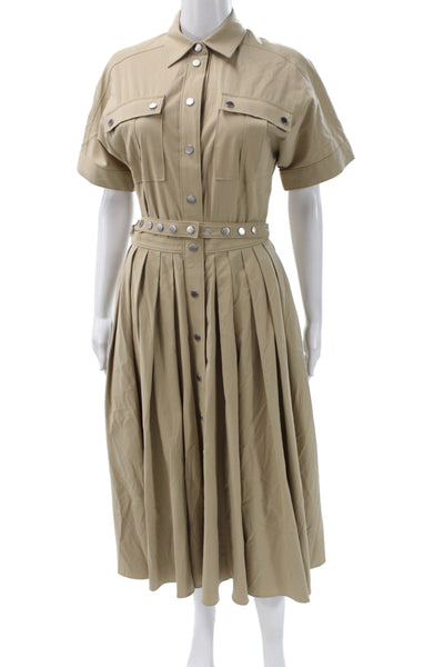 Michael Kors Womens Beige Shirt Dress Collared Short Sleeve Mid Calf Size 4