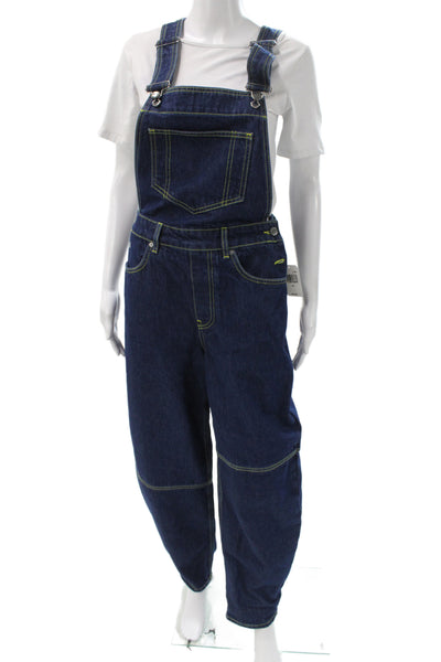 Ganni Women Denim Overall Sleeveless Square Neck Button Blue Size 34