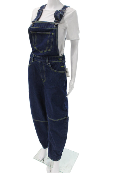 Ganni Women Denim Overall Sleeveless Square Neck Button Blue Size 34