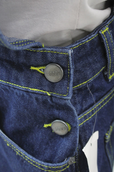 Ganni Women Denim Overall Sleeveless Square Neck Button Blue Size 34