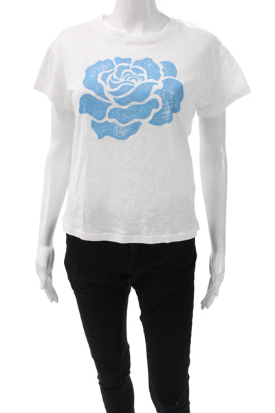 Just Madison Women Basic White Floral Crew Neck Short Sleeve T-Shirt Size S