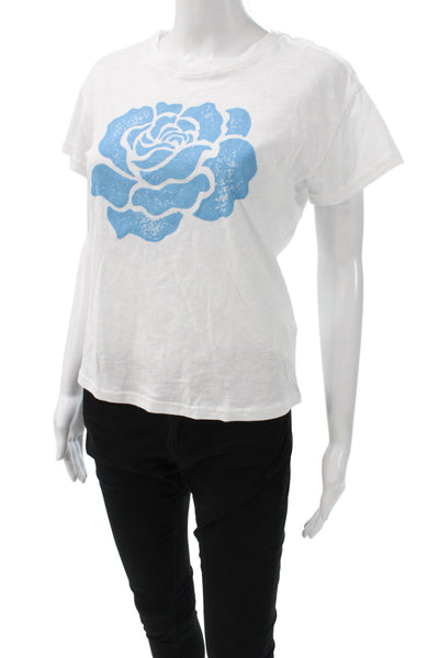 Just Madison Women Basic White Floral Crew Neck Short Sleeve T-Shirt Size S
