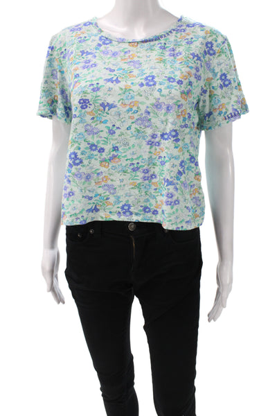 Love Shack Fancy Women Cropped Floral Blue Cotton T-Shirt Size S