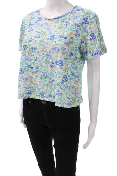 Love Shack Fancy Women Cropped Floral Blue Cotton T-Shirt Size S