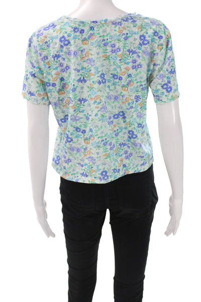 Love Shack Fancy Women Cropped Floral Blue Cotton T-Shirt Size S