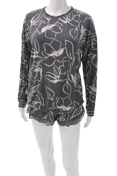PJ Salvage Womens Floral Print Shorts Pajama Set Grey Pink Size Small