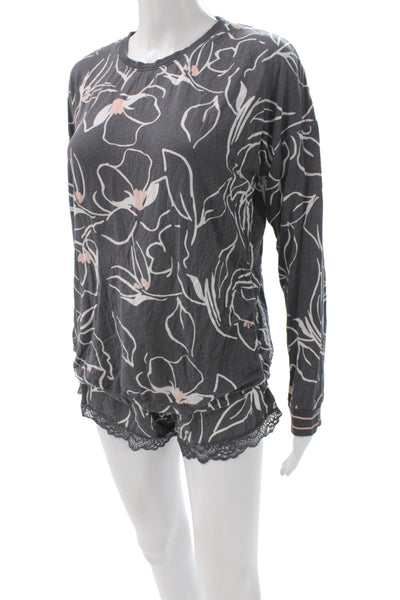 PJ Salvage Womens Floral Print Shorts Pajama Set Grey Pink Size Small