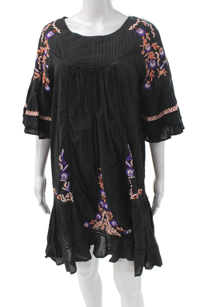 Free People Womens Shift Dress Black Floral Cotton Button Half Sleeve Size L