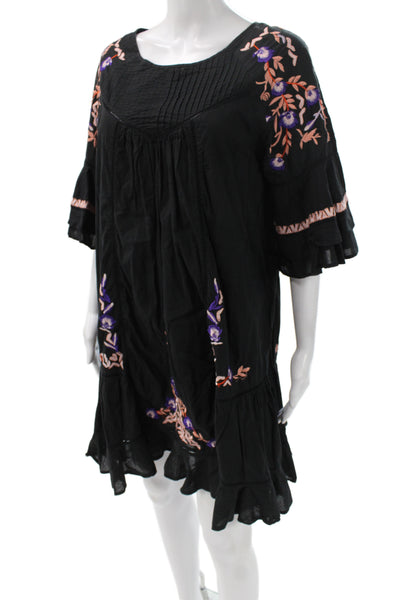 Free People Womens Shift Dress Black Floral Cotton Button Half Sleeve Size L