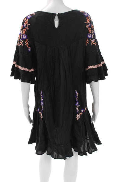 Free People Womens Shift Dress Black Floral Cotton Button Half Sleeve Size L