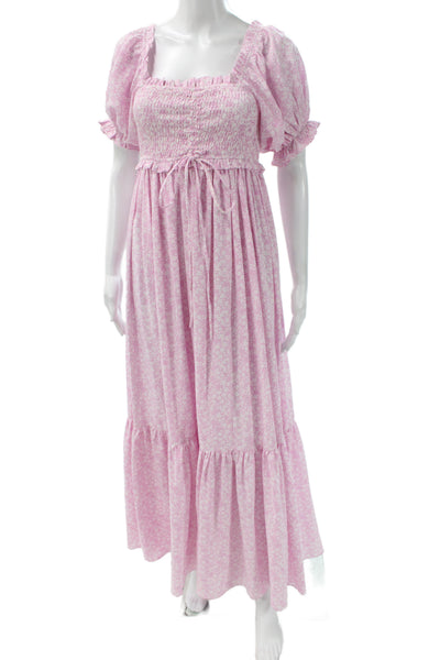 Mable Womens Maxi Floral Dress Pink Square Neck Short Sleeve Size M