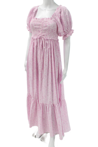 Mable Womens Maxi Floral Dress Pink Square Neck Short Sleeve Size M