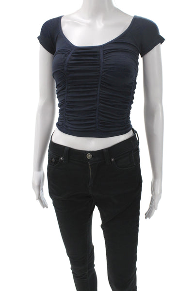 Free People Women Cropped T-Shirt Blue Scoop Neck Short Sleeve Size XS