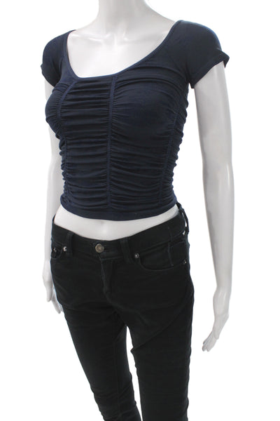 Free People Women Cropped T-Shirt Blue Scoop Neck Short Sleeve Size XS