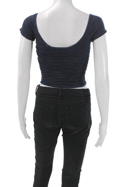 Free People Women Cropped T-Shirt Blue Scoop Neck Short Sleeve Size XS