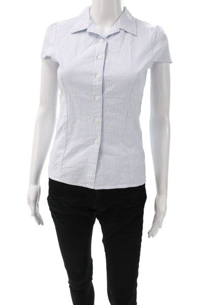 Brandy Melville Women Collared Striped Blue Short Sleeve Button-Up Top Size 28