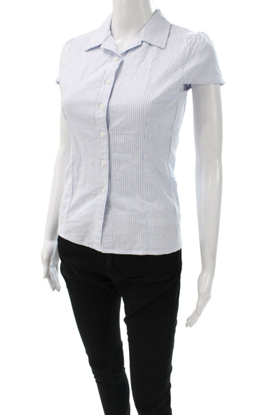 Brandy Melville Women Collared Striped Blue Short Sleeve Button-Up Top Size 28