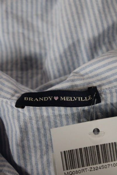 Brandy Melville Women Collared Striped Blue Short Sleeve Button-Up Top Size 28