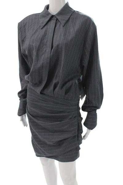 Retrofete Women Gray Collared Shirt Dress Button Long Sleeve Midi Size M