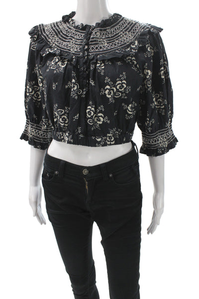 Sea New York Women Cropped Floral Black High Neck 3/4 Sleeve Blouse Size L