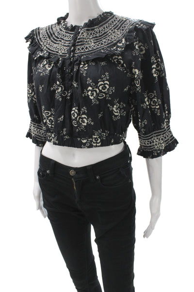 Sea New York Women Cropped Floral Black High Neck 3/4 Sleeve Blouse Size L