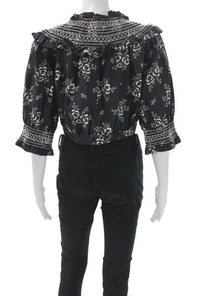 Sea New York Women Cropped Floral Black High Neck 3/4 Sleeve Blouse Size L