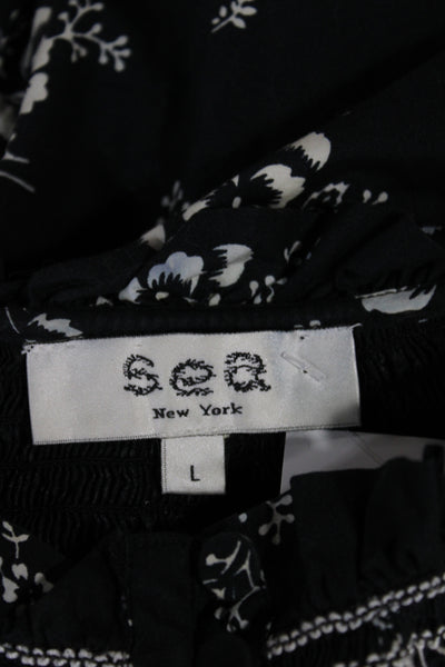 Sea New York Women Cropped Floral Black High Neck 3/4 Sleeve Blouse Size L