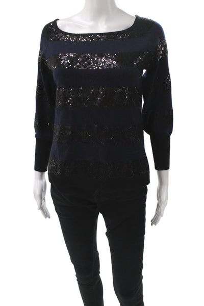 Alice + Olivia Womens Sequin Pullover Sweater Black 3/4 Sleeve Size M
