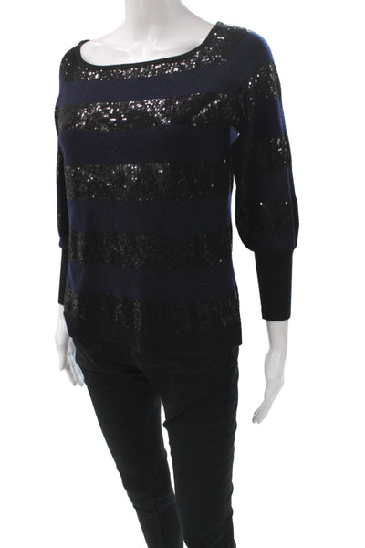 Alice + Olivia Womens Sequin Pullover Sweater Black 3/4 Sleeve Size M