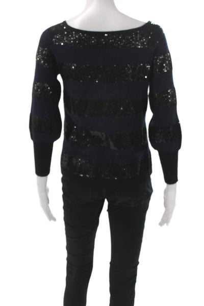 Alice + Olivia Womens Sequin Pullover Sweater Black 3/4 Sleeve Size M