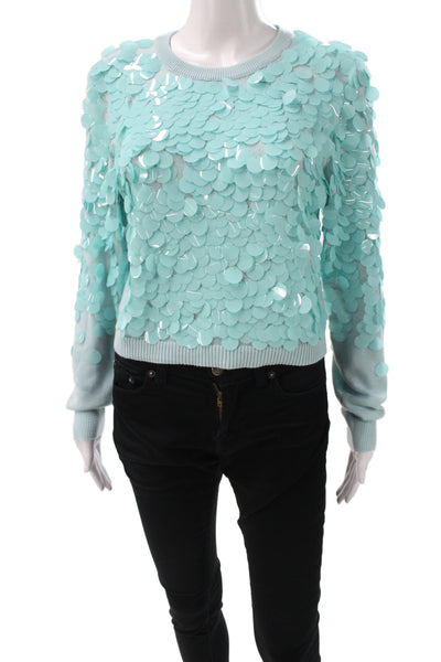 Alice + Olivia Women Pullover Sequin Knit Crew Neck Sweater Blue Size M