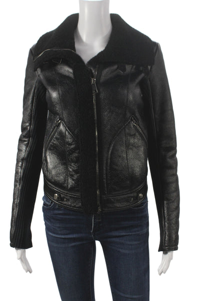Burberry Womens Biker Jacket Black Shearling Zip Size 4