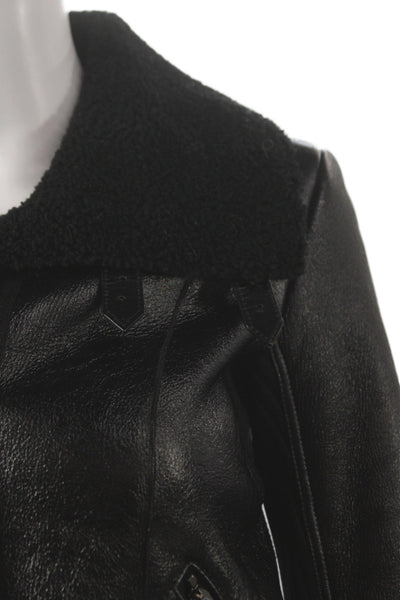 Burberry Womens Biker Jacket Black Shearling Zip Size 4