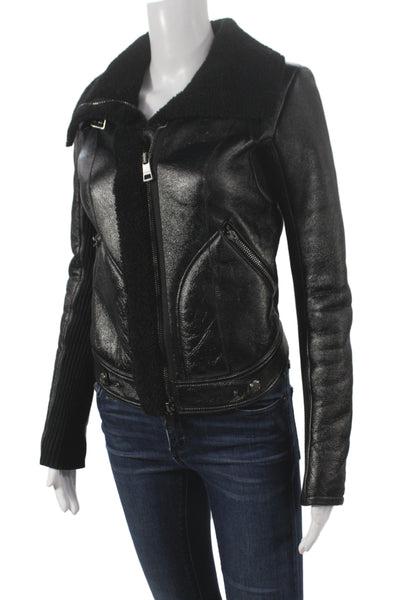 Burberry Womens Biker Jacket Black Shearling Zip Size 4