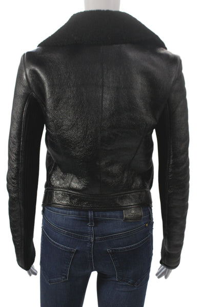 Burberry Womens Biker Jacket Black Shearling Zip Size 4