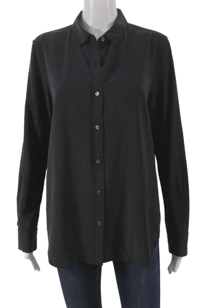 J. Mclaughlin Womens Basic Silk Collared Long Sleeve Button Up Black Size M