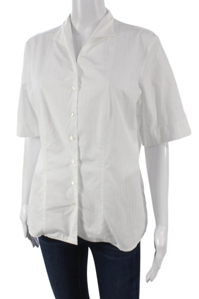 Van Laack Women Basic White Striped Cotton Collared Short Sleeve Blouse Size 40