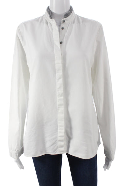Van Laack Women Button-Up Blouse White Cotton Mock Neck Longsleeve Size 40