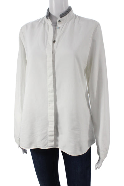 Van Laack Women Button-Up Blouse White Cotton Mock Neck Longsleeve Size 40