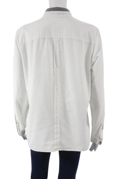 Van Laack Women Button-Up Blouse White Cotton Mock Neck Longsleeve Size 40