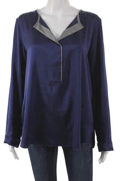 Van Laack Womens Silk V-Neck Long Sleeve Blouse Solid Blue Size 40