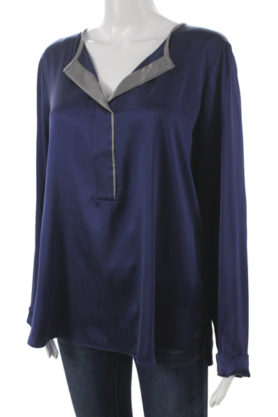 Van Laack Womens Silk V-Neck Long Sleeve Blouse Solid Blue Size 40