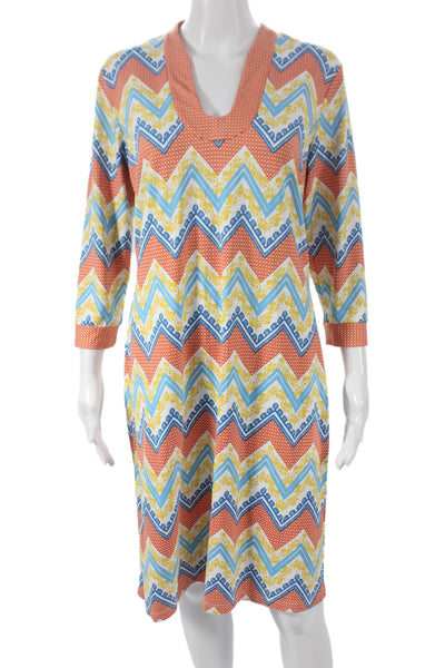 J. Mclaughlin Women Shift Dress Blue VNeck 3/4 Sleeve Knee-Length Chevron Size M