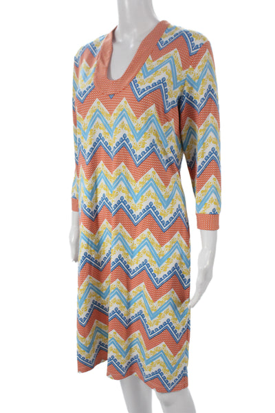 J. Mclaughlin Women Shift Dress Blue VNeck 3/4 Sleeve Knee-Length Chevron Size M